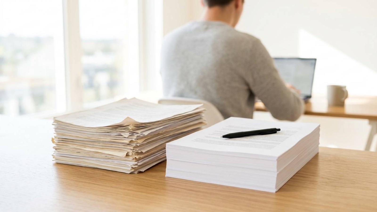 Two stacks of paperwork on a desk, one old and worn and one crisp and new, with a man working at a laptop behind