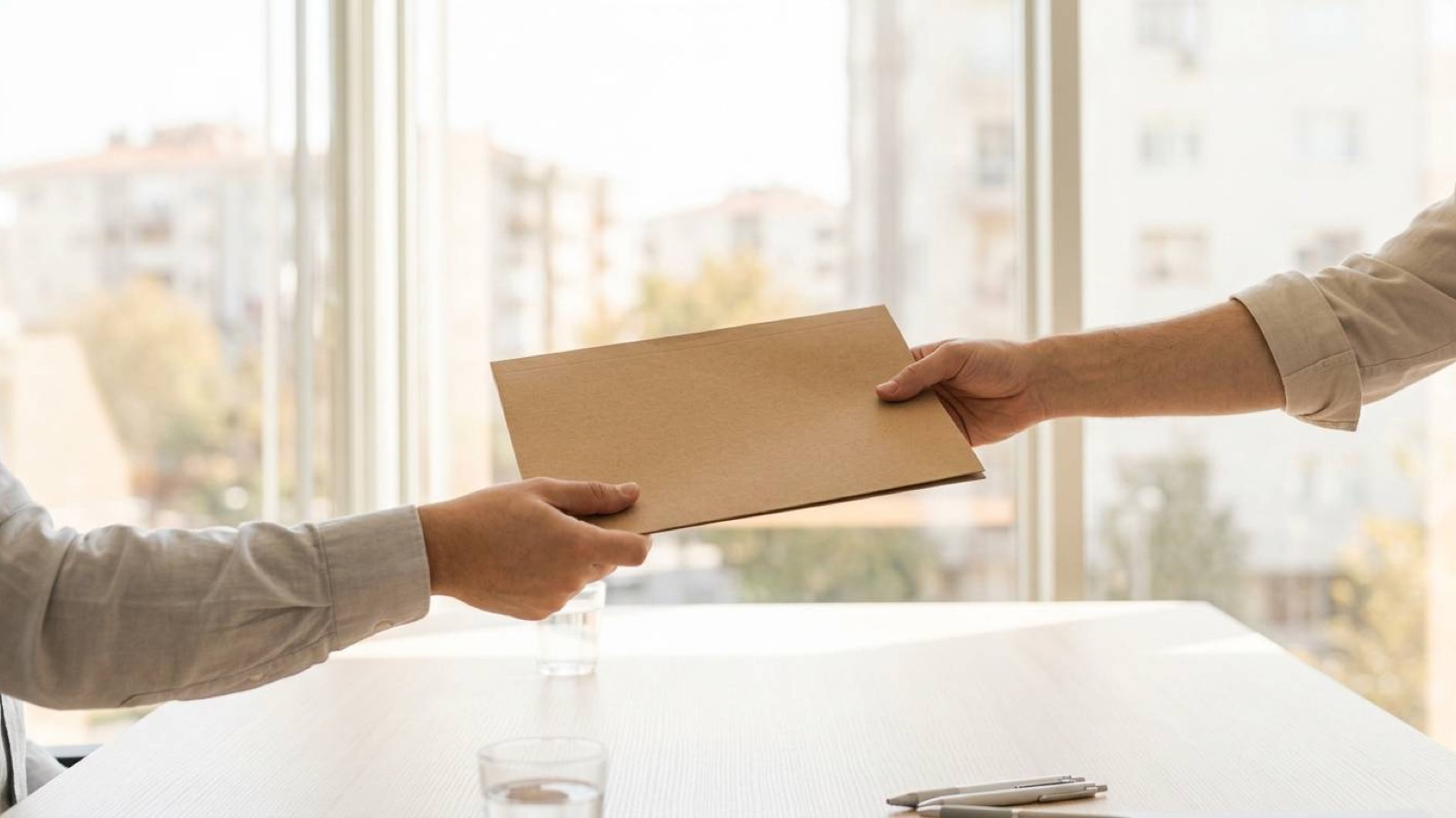 A brown document envelope passed between two people across a table in a bright meeting room