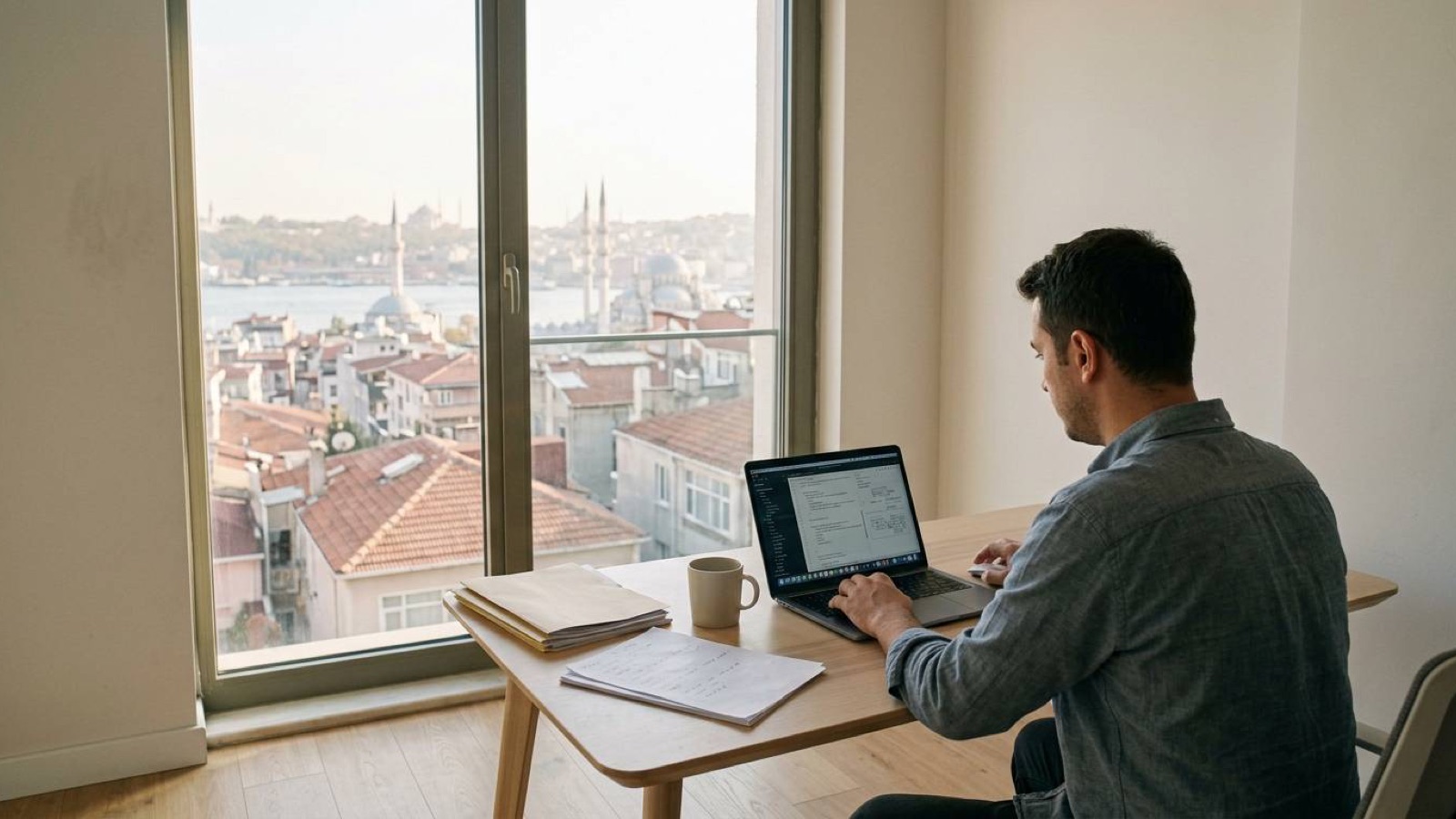 A man working at a laptop by a window overlooking the Istanbul skyline