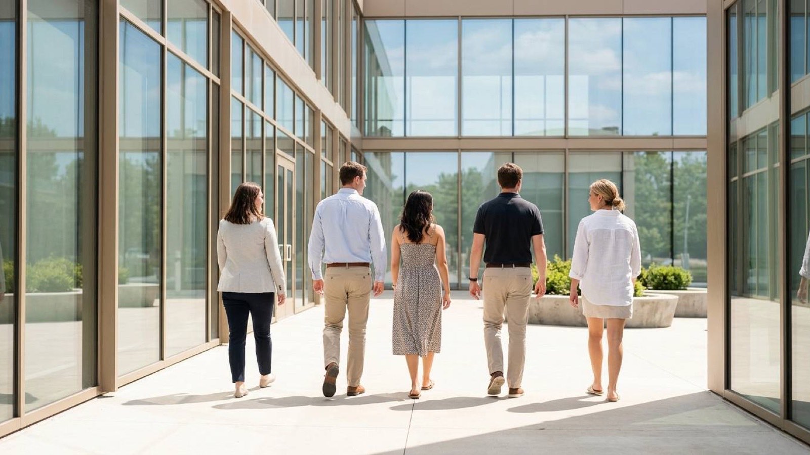Five people walking out of a glass office building into bright sunlight, seen from behind