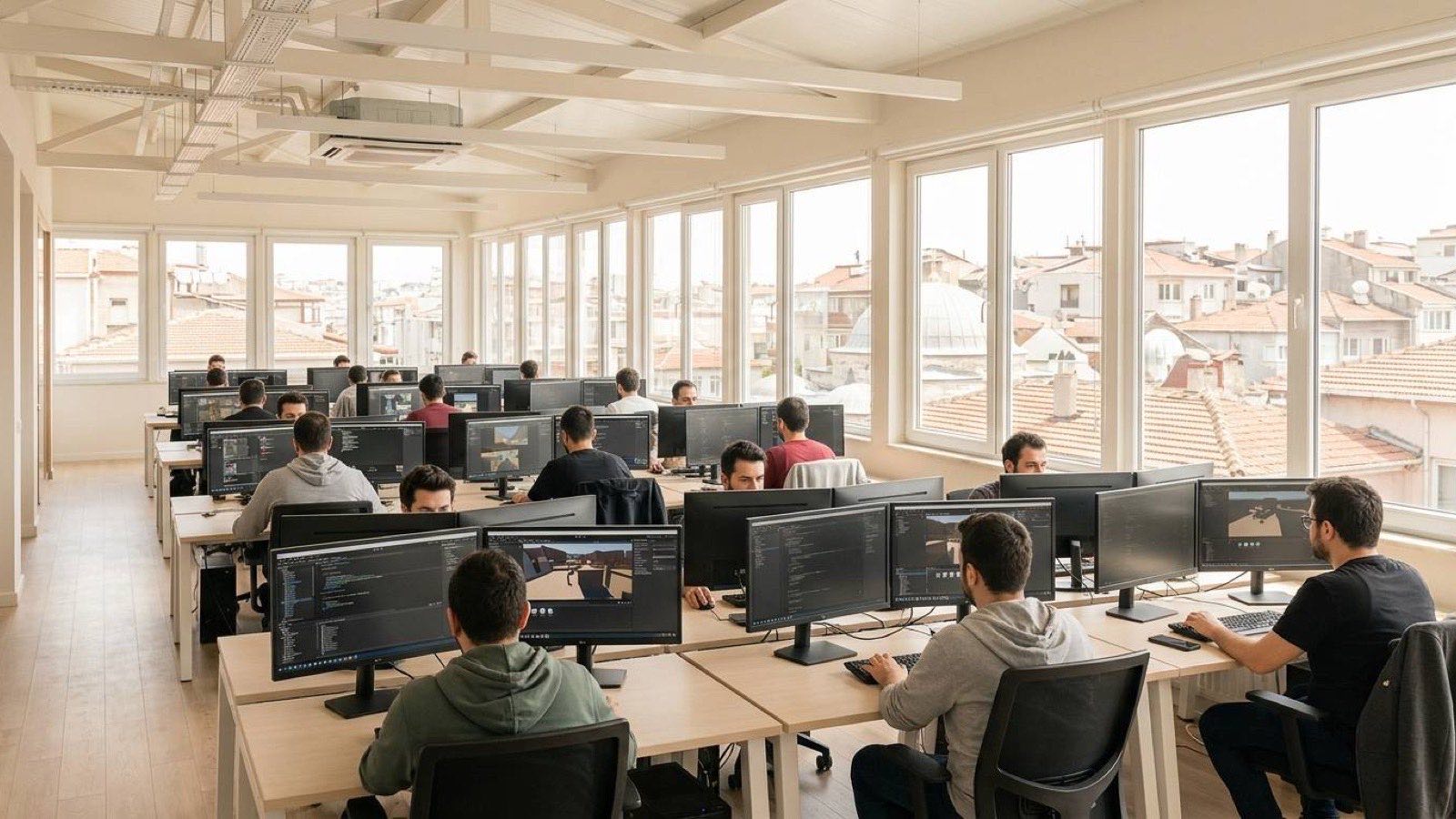 A games studio floor in Istanbul, rows of developers at their monitors with rooftops through the windows