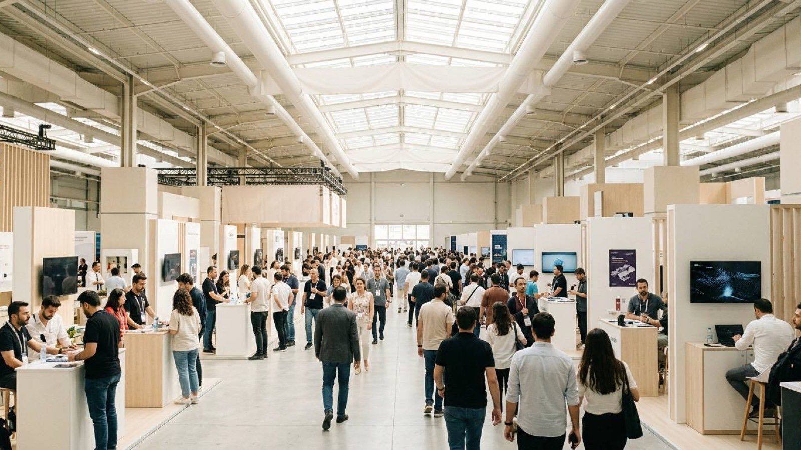 A busy technology expo hall with crowds walking between the stands