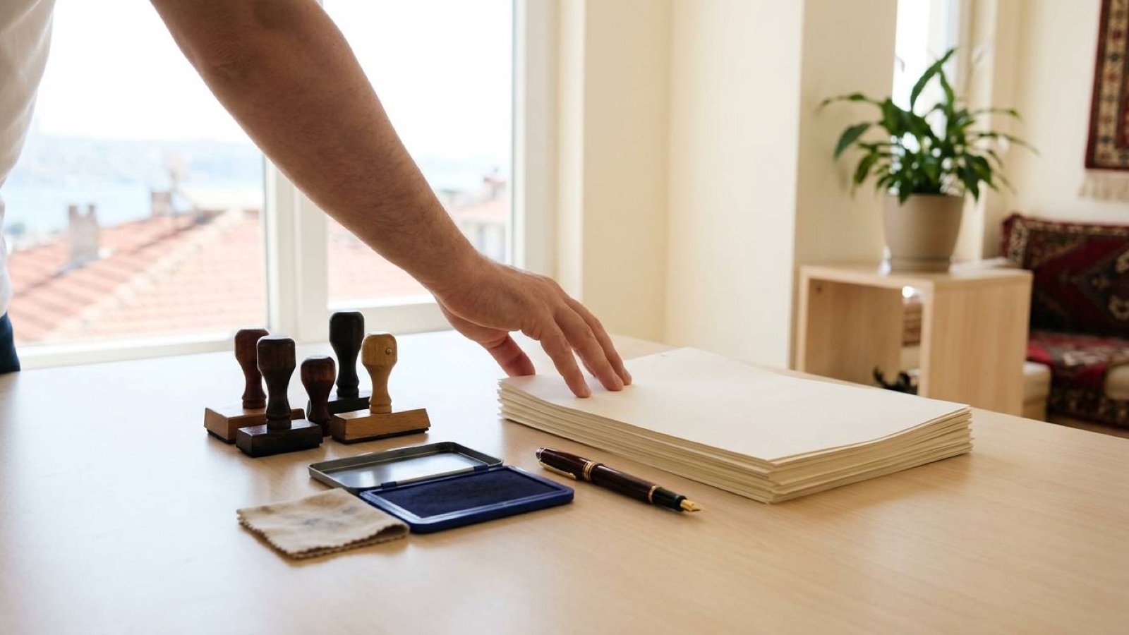 A hand resting on a stack of documents beside rubber stamps, an ink pad and a fountain pen