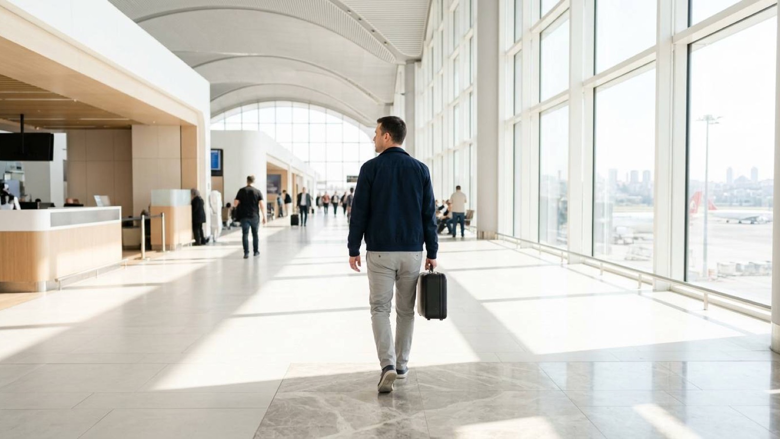 A man walking through a bright airport terminal with an aircraft visible outside