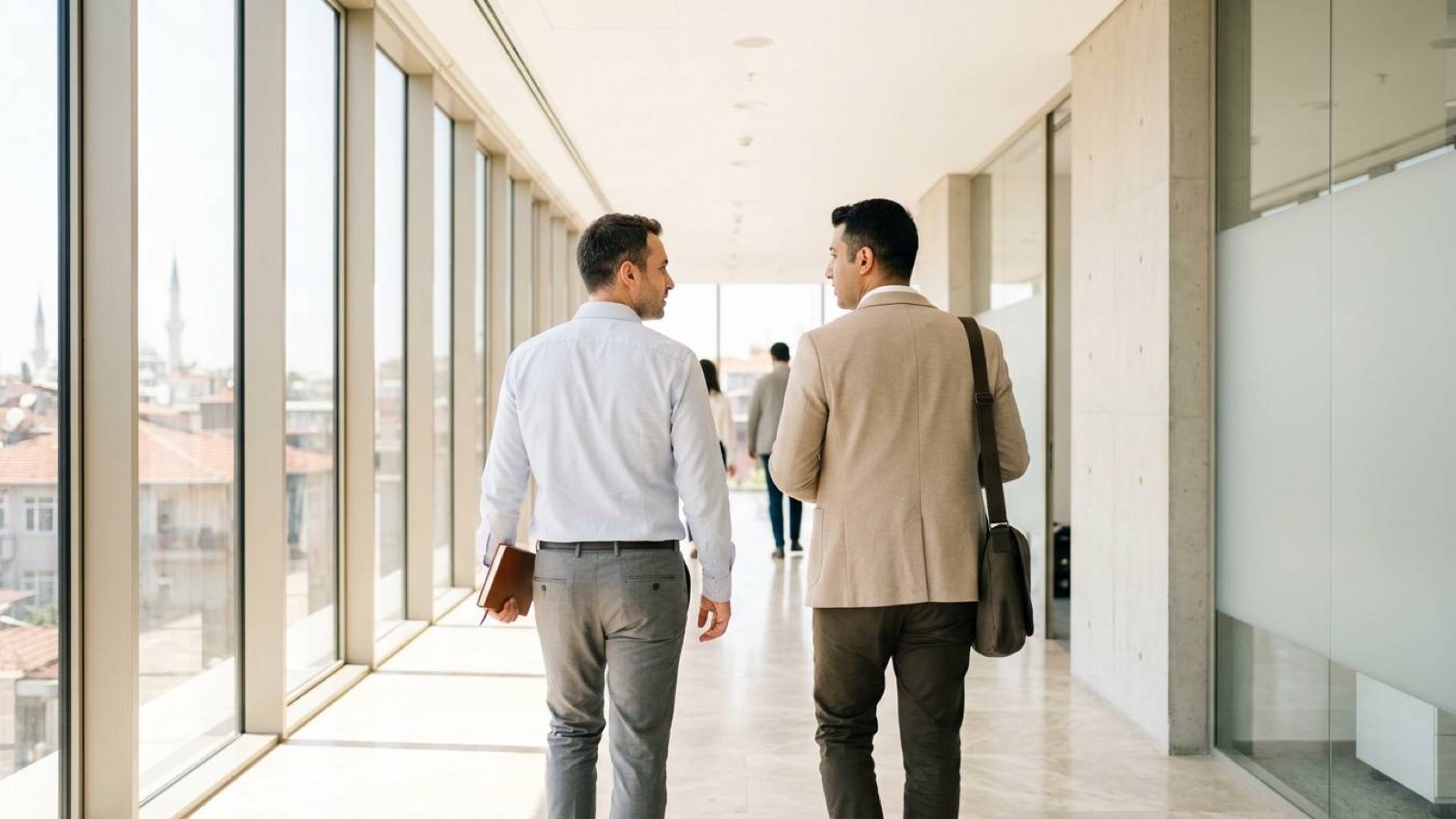Two colleagues talking as they walk down a sunlit office corridor above Istanbul