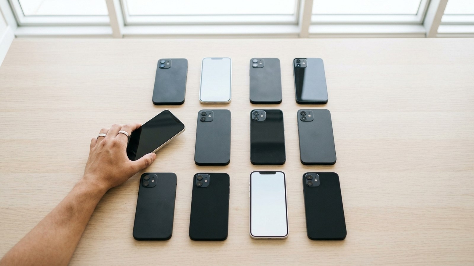 A dozen phones laid out in a grid on a wooden desk, most face down and two face up with blank screens, a hand reaching in to lift one