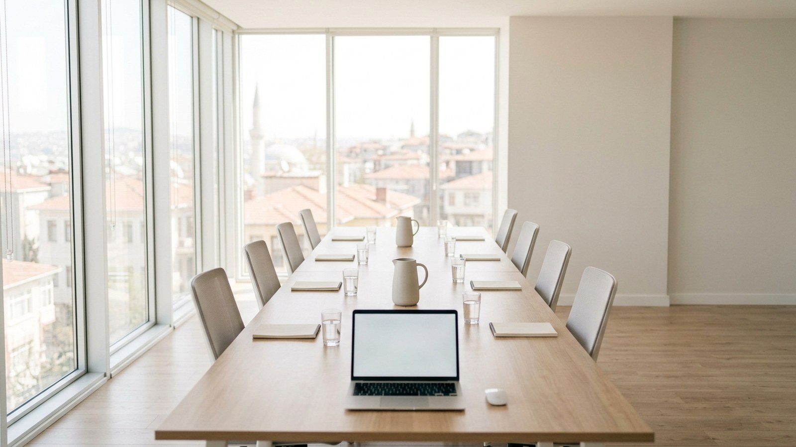 A long boardroom table set for ten with water glasses and notepads, one laptop open at the end, Istanbul rooftops through the windows