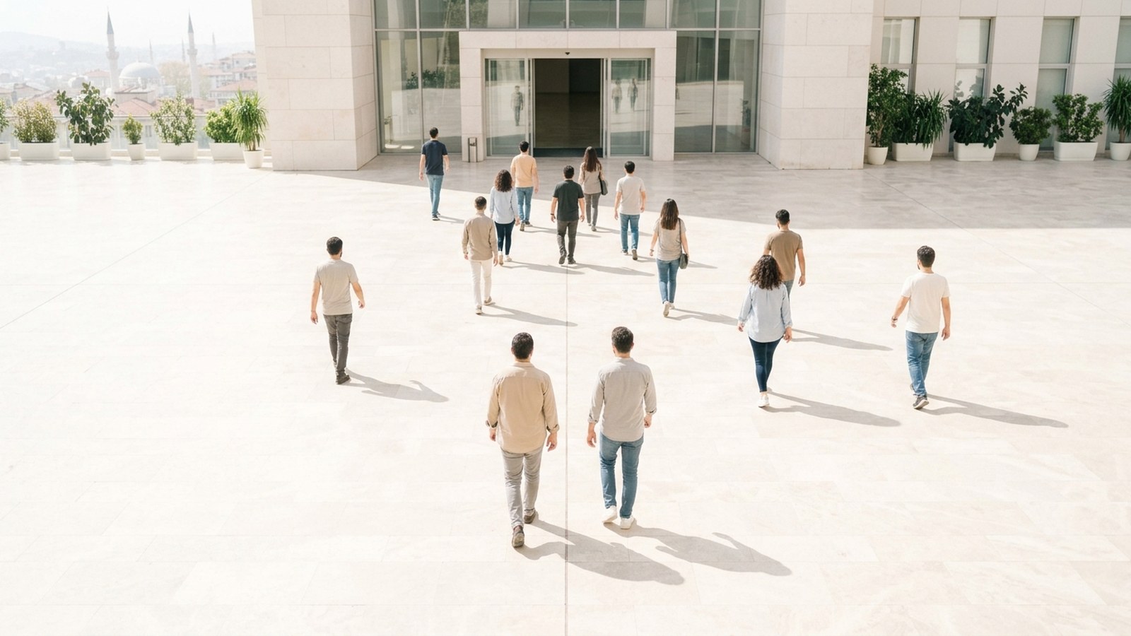 People spread across a wide sunlit plaza walking toward the entrance of a modern building, seen from above and behind