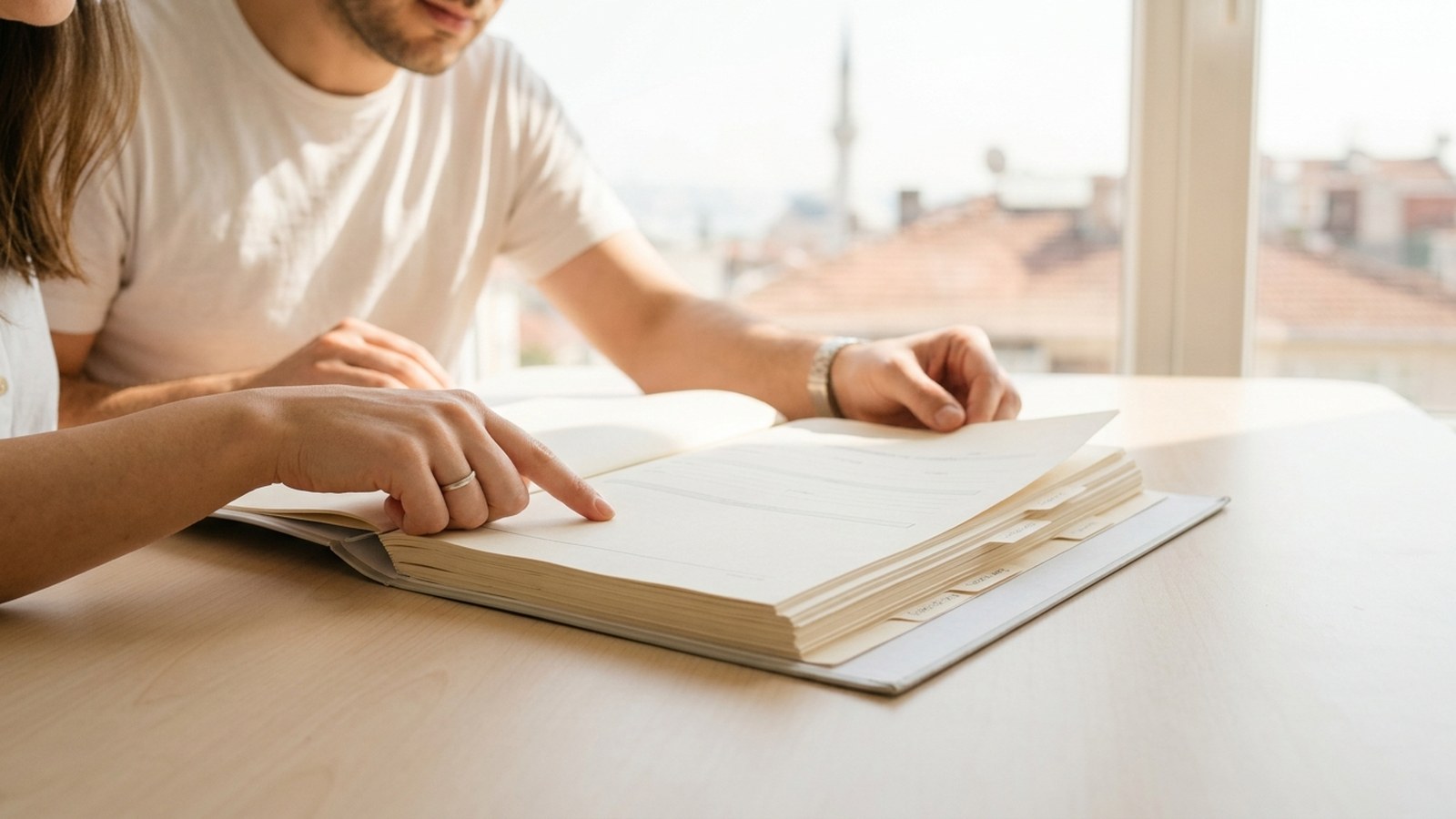 Two people at a sunlit table turning the pages of a thick tabbed document, Istanbul rooftops through the window behind