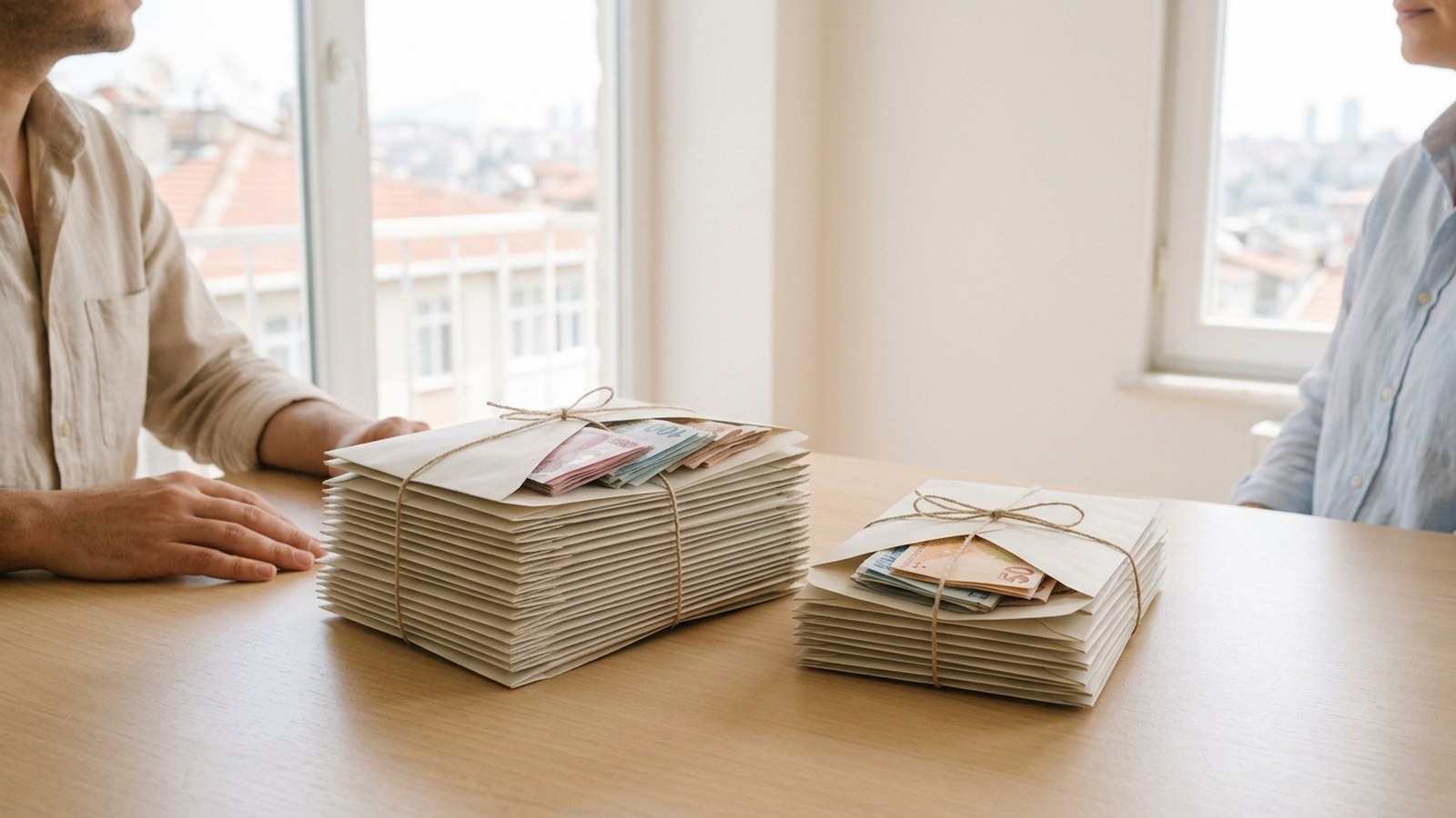 Two bundles of envelopes tied with string on a table between two people, one bundle much taller than the other