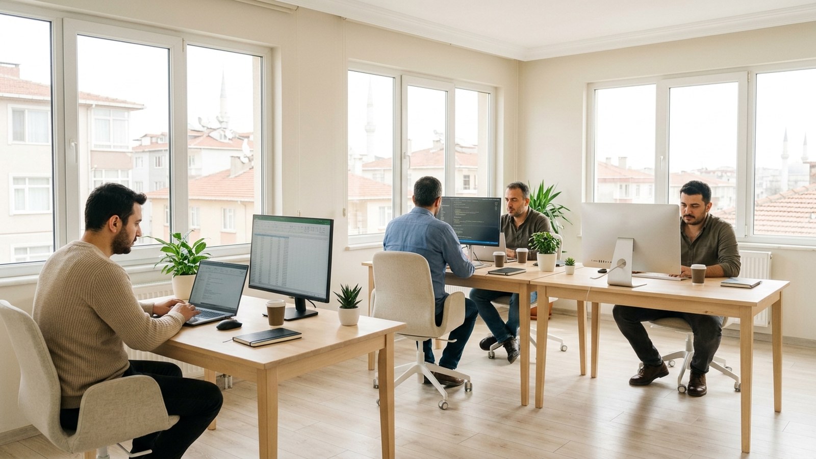 Four colleagues working at wooden desks in a bright office, rooftops and a minaret through the windows