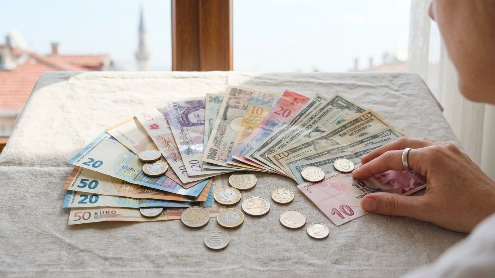 Hands spreading euro, dollar and lira banknotes and coins across a cloth covered table by a window