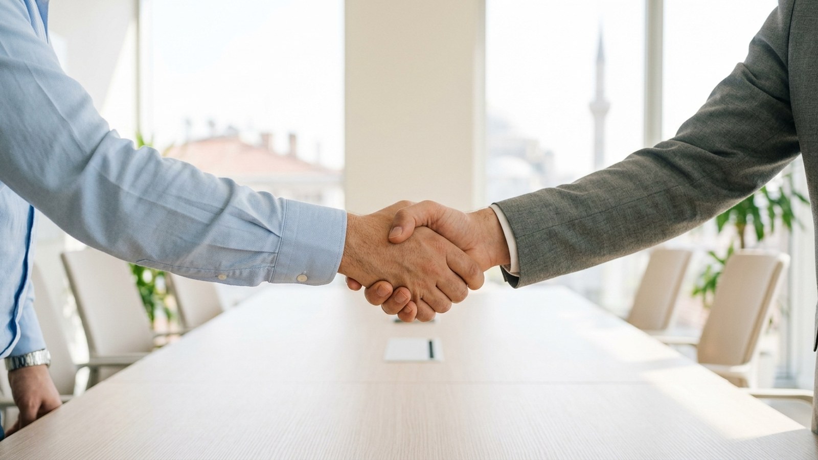 Two people shaking hands across a long pale meeting table in a bright room