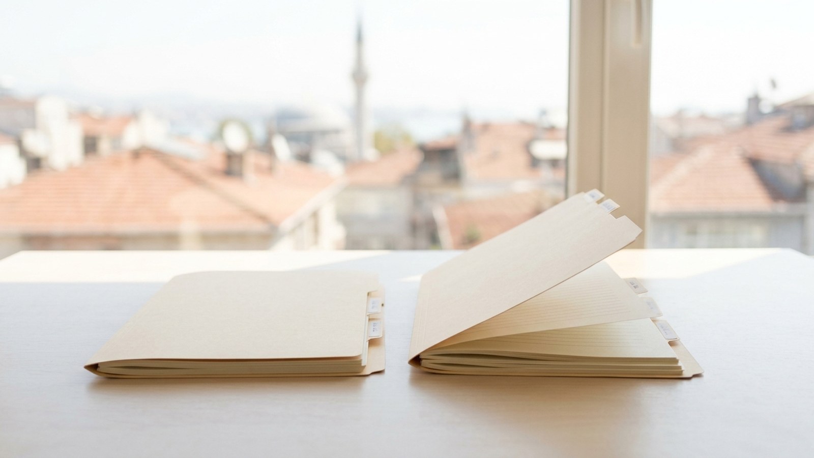 Two document folders on a white surface by a window, one closed and one open with its pages fanned