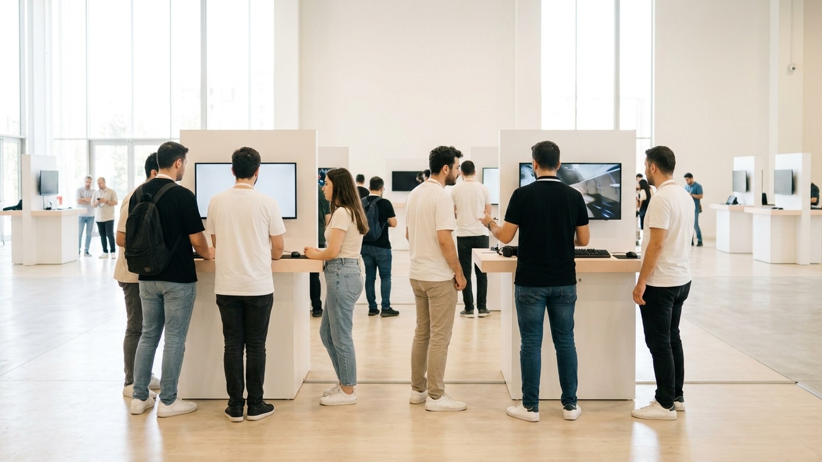 Visitors standing at white display plinths in a bright exhibition hall