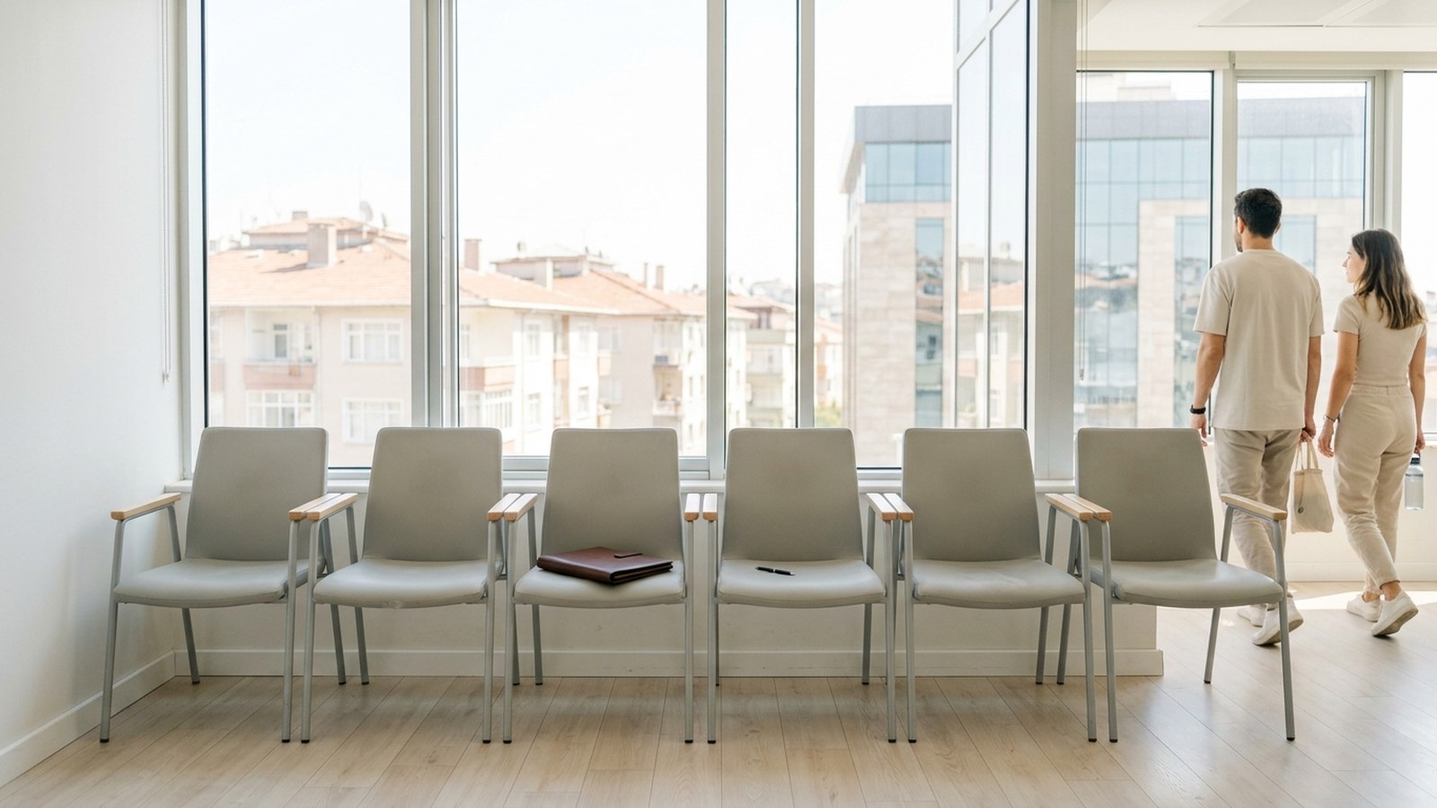 A row of grey waiting chairs against floor to ceiling windows, a folder and pen left on one seat