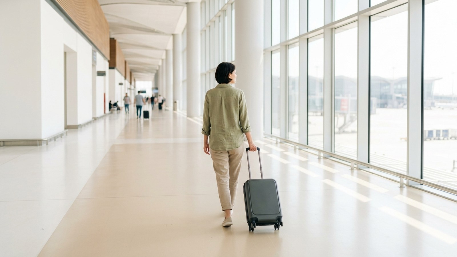 A woman walking away down a long sunlit airport corridor pulling a suitcase