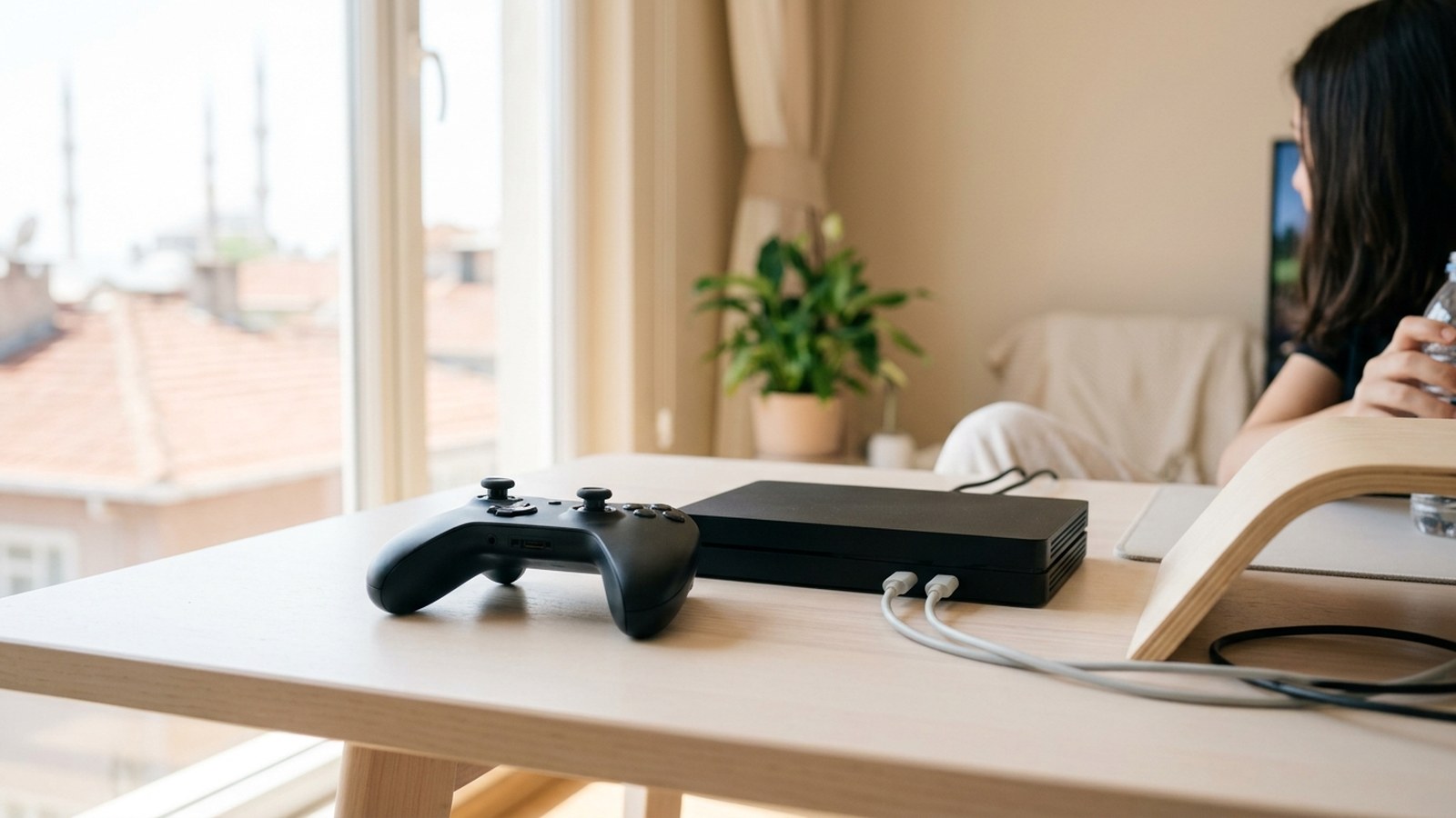 A game controller and console on a wooden table by a window, someone sitting in the room behind