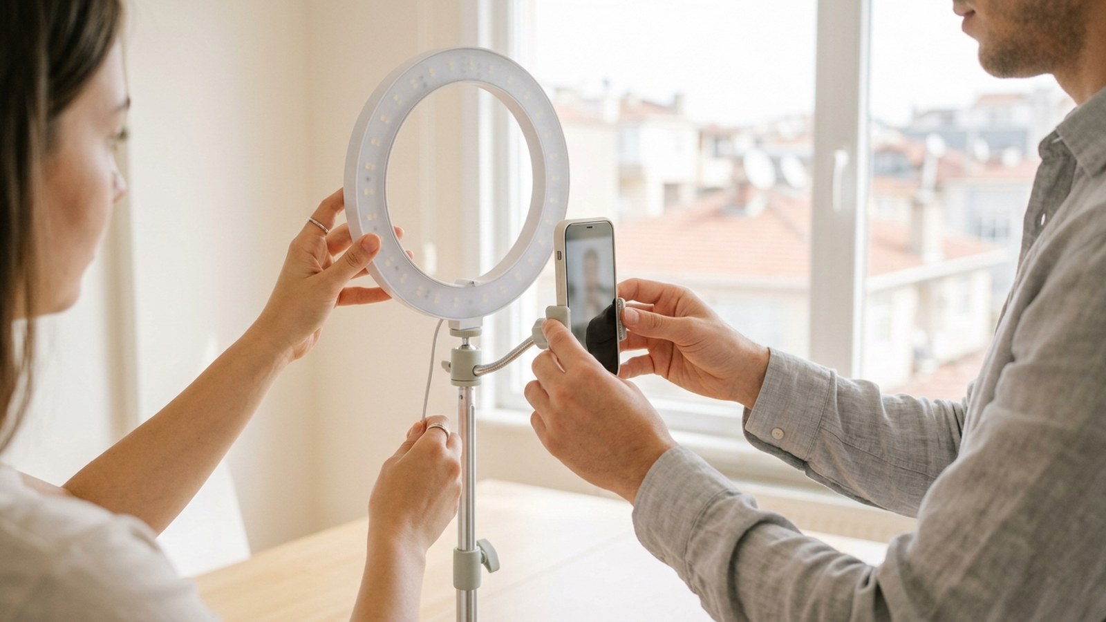 Two people setting up a ring light and a phone on a tripod in front of a bright window