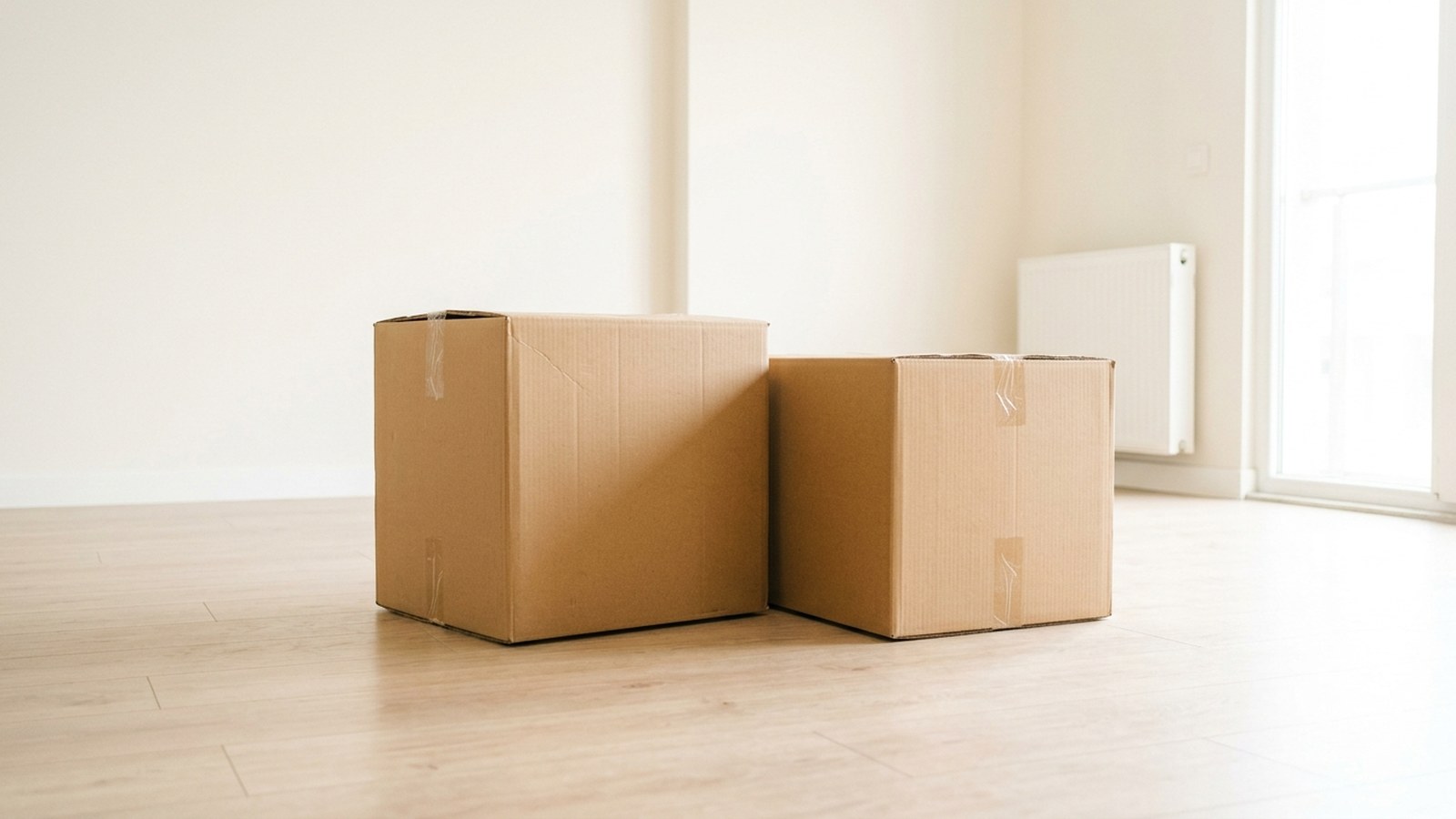 Two cardboard boxes on the floor of an empty room with sunlight coming through the window