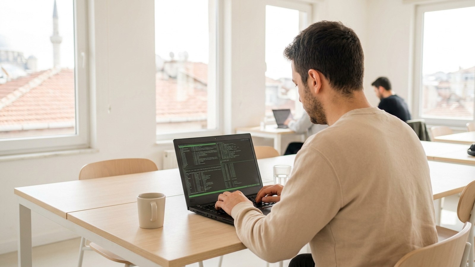 A developer working at a laptop full of code in a bright open plan office
