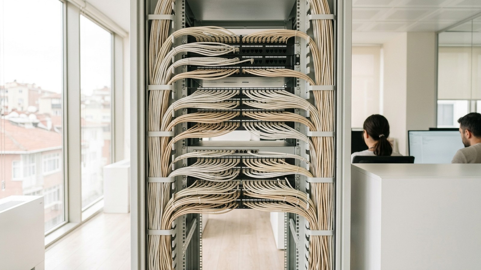Neatly bundled pale network cabling in an open server rack, with a bright office behind it
