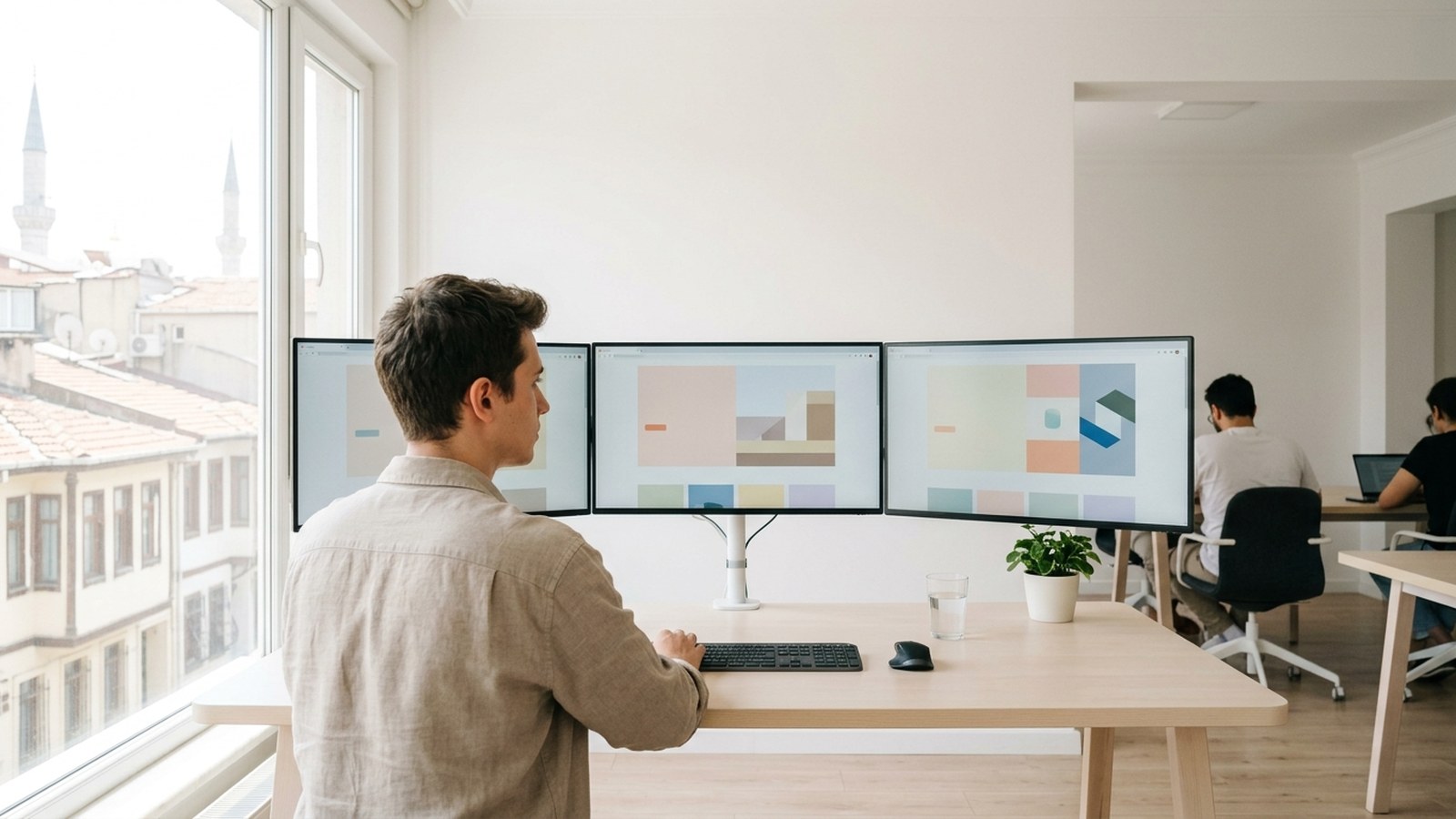 A man working at a three monitor desk setup in a bright office, colleagues at desks behind him
