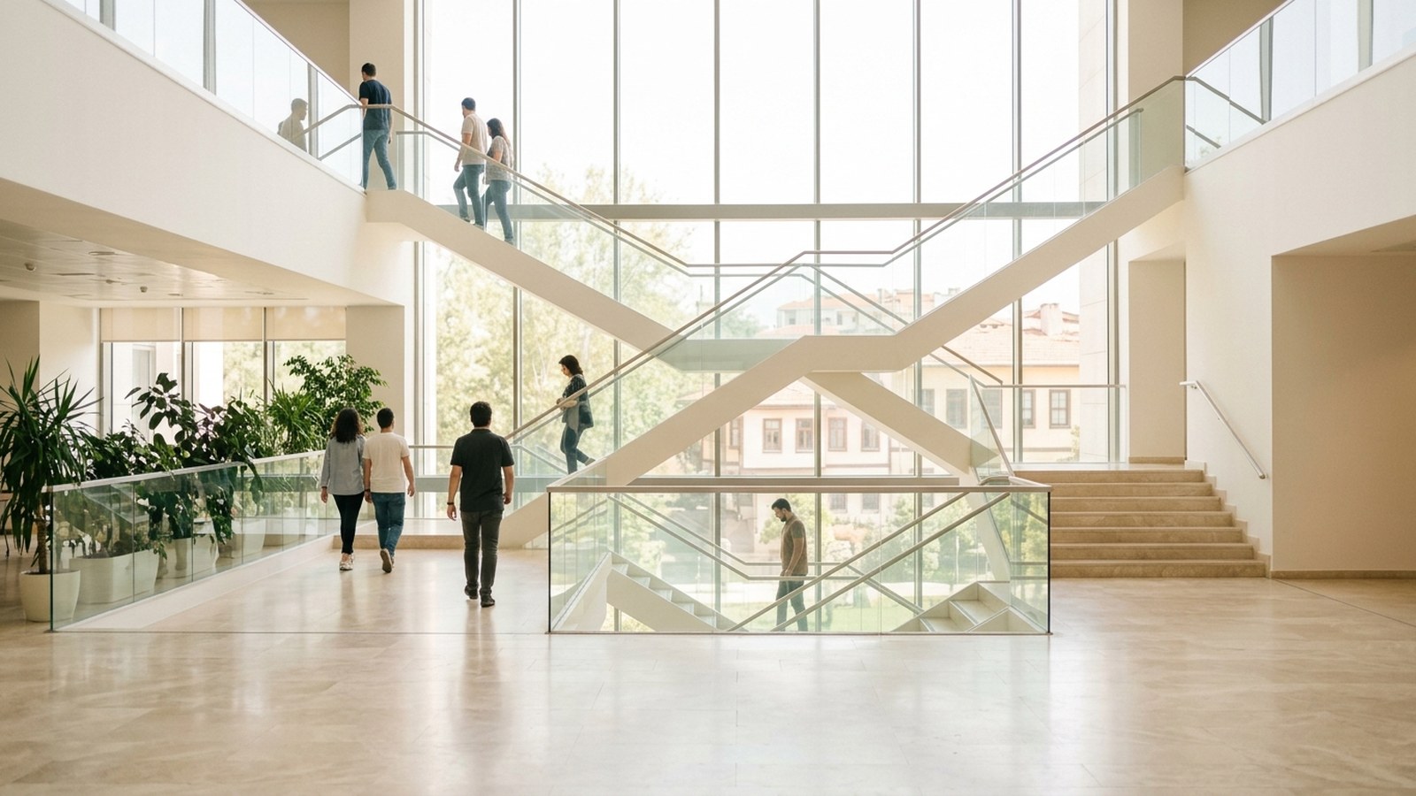 People crossing the glass walkways and staircase of a bright modern atrium