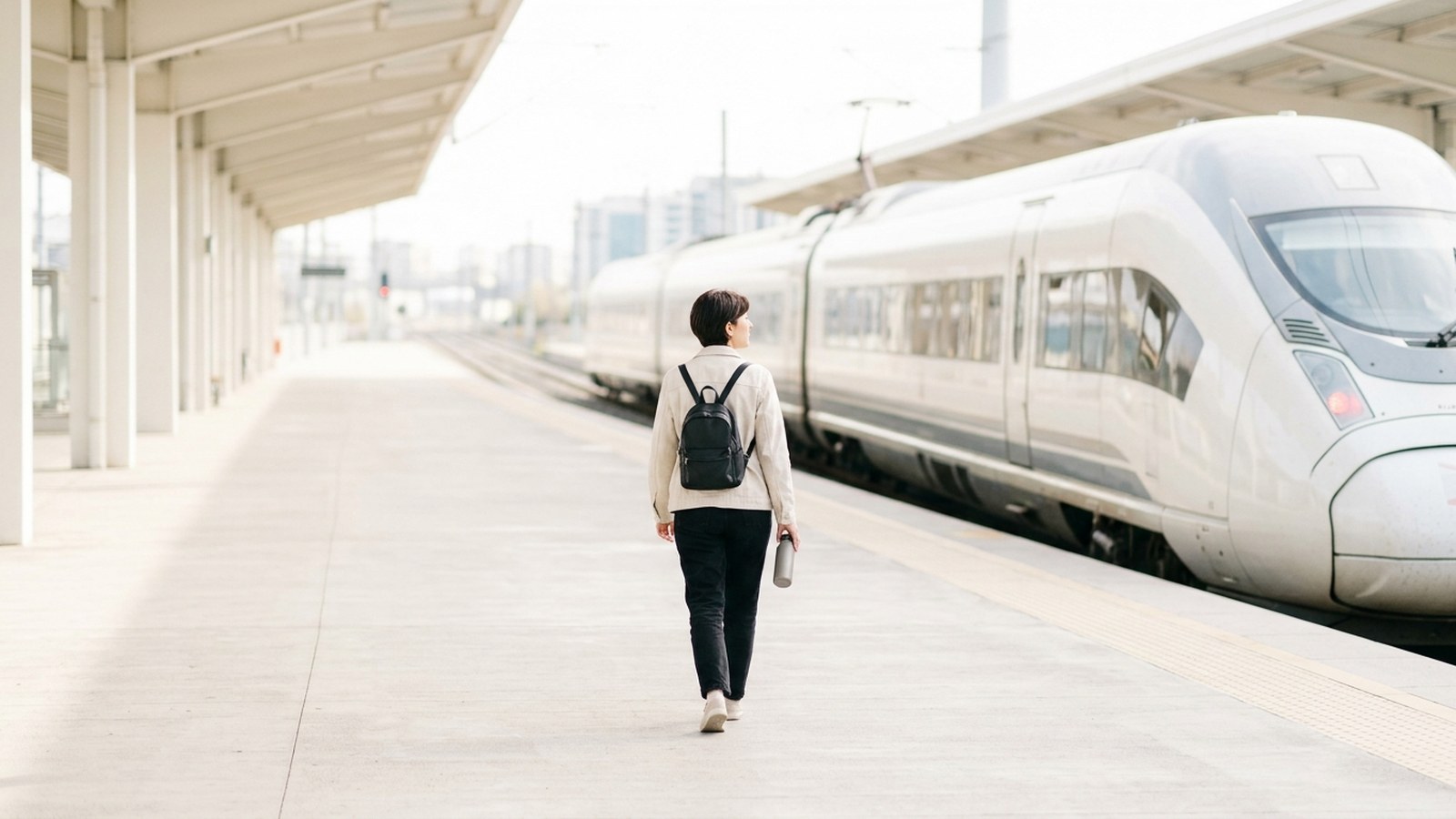A traveller with a backpack walking down a station platform beside a white high speed train