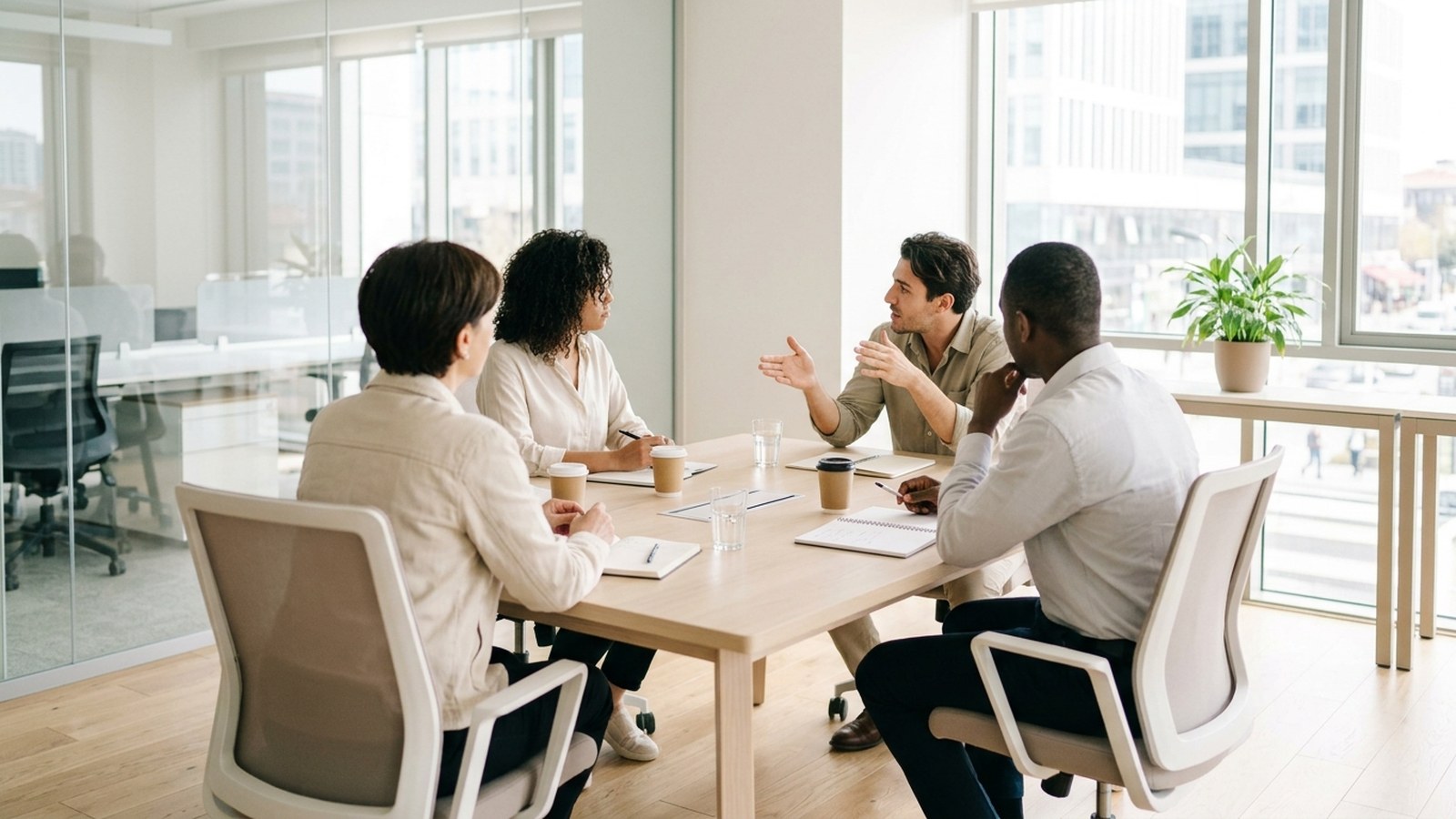Four colleagues around a meeting table in a glass walled office, one gesturing mid conversation
