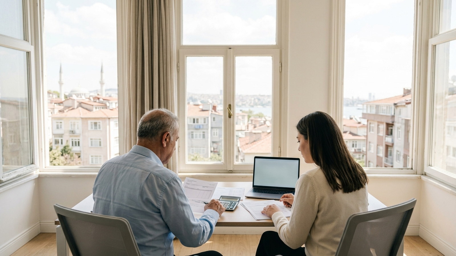 Two people going through printed statements with a calculator at a desk by a tall window, Istanbul rooftops and the Bosphorus behind