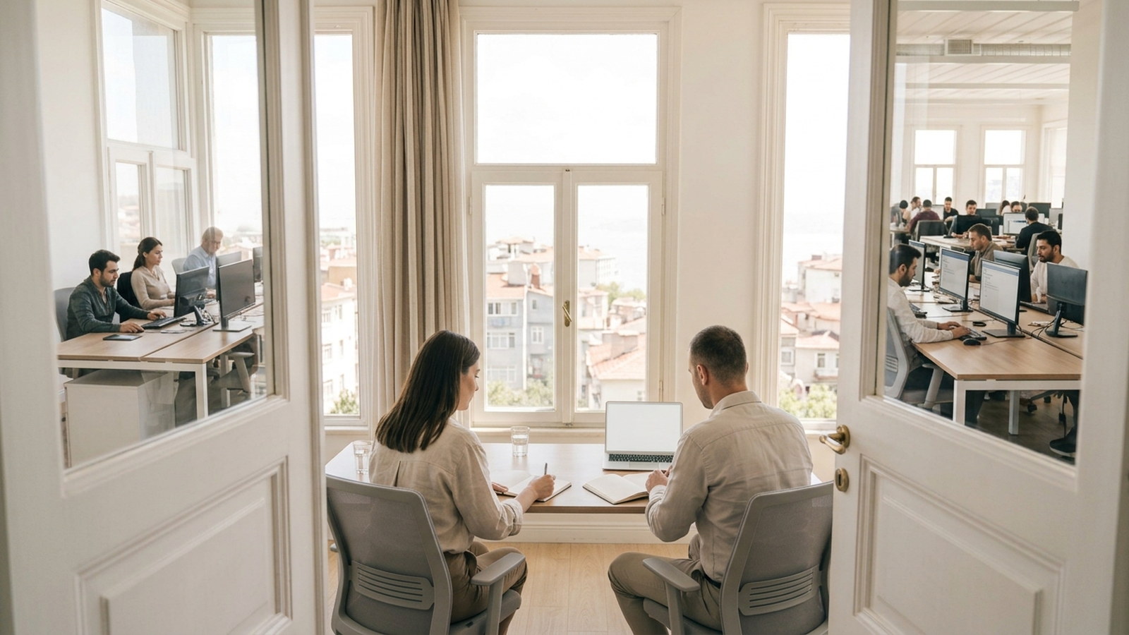 Two people working at a single desk in a small room, seen through open doors, with a much larger studio floor either side of them