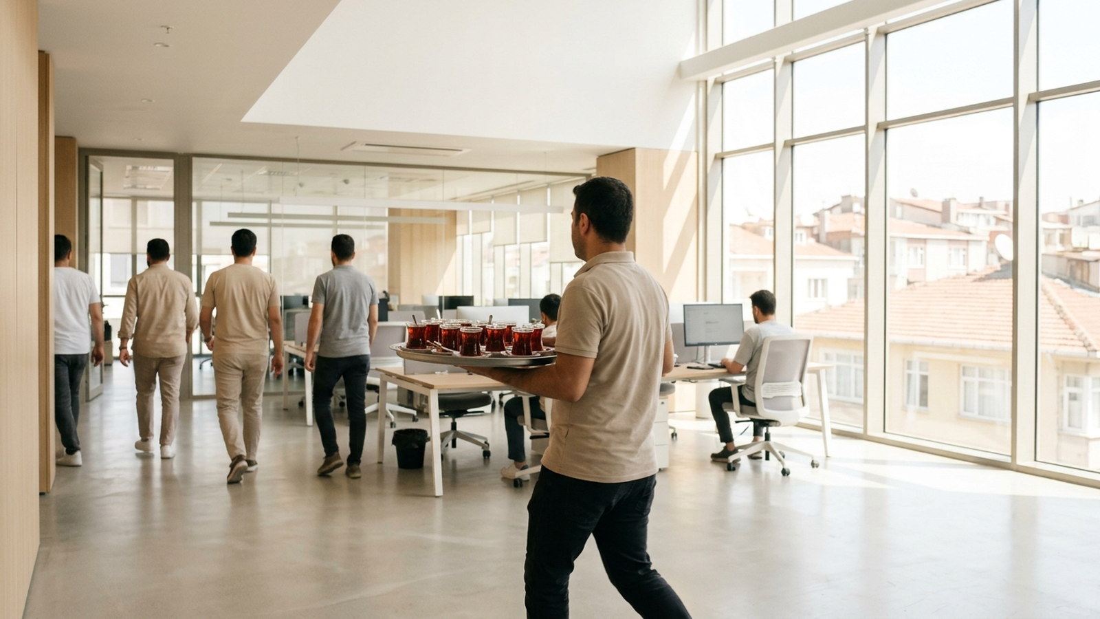 A tea seller carrying a tray of tulip glasses across a bright office floor in Istanbul on an ordinary working morning