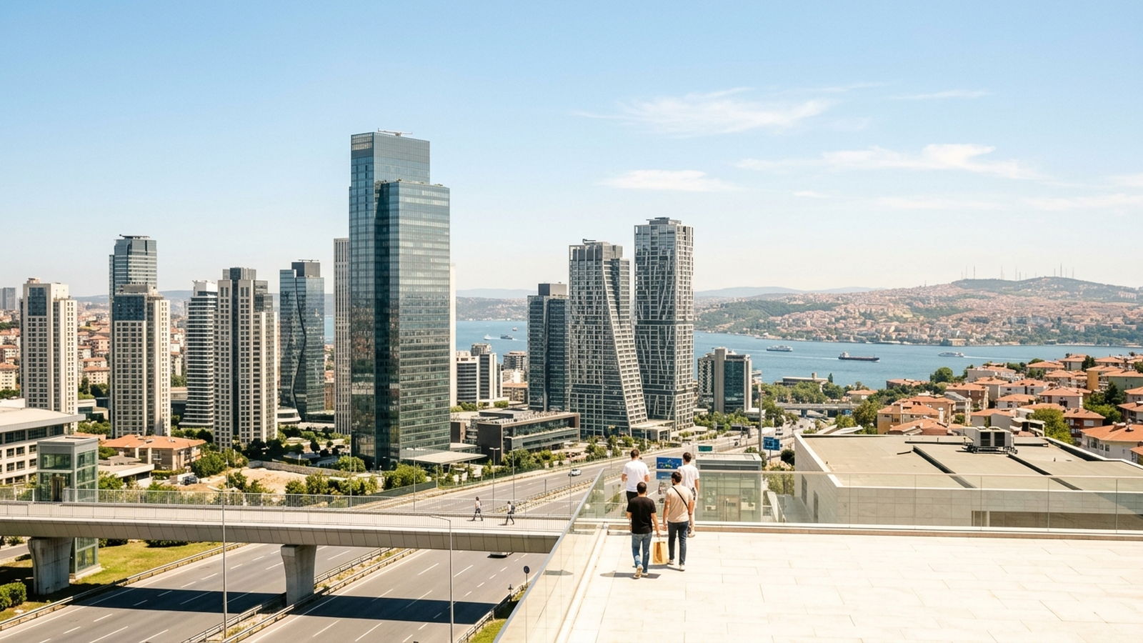 The Levent business district skyline in Istanbul in full midday sun, glass office towers with the Bosphorus beyond
