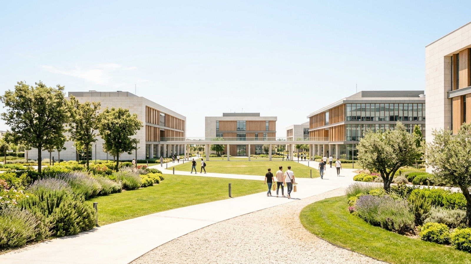 A technology park campus in bright sunshine, several separate buildings across a landscaped site with people walking between them