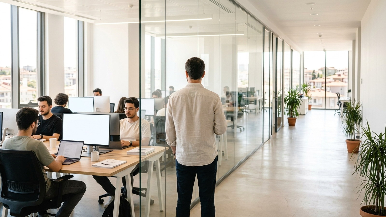 A man standing in a bright corridor beside a glass wall, looking in at an open-plan office where several people work at monitors