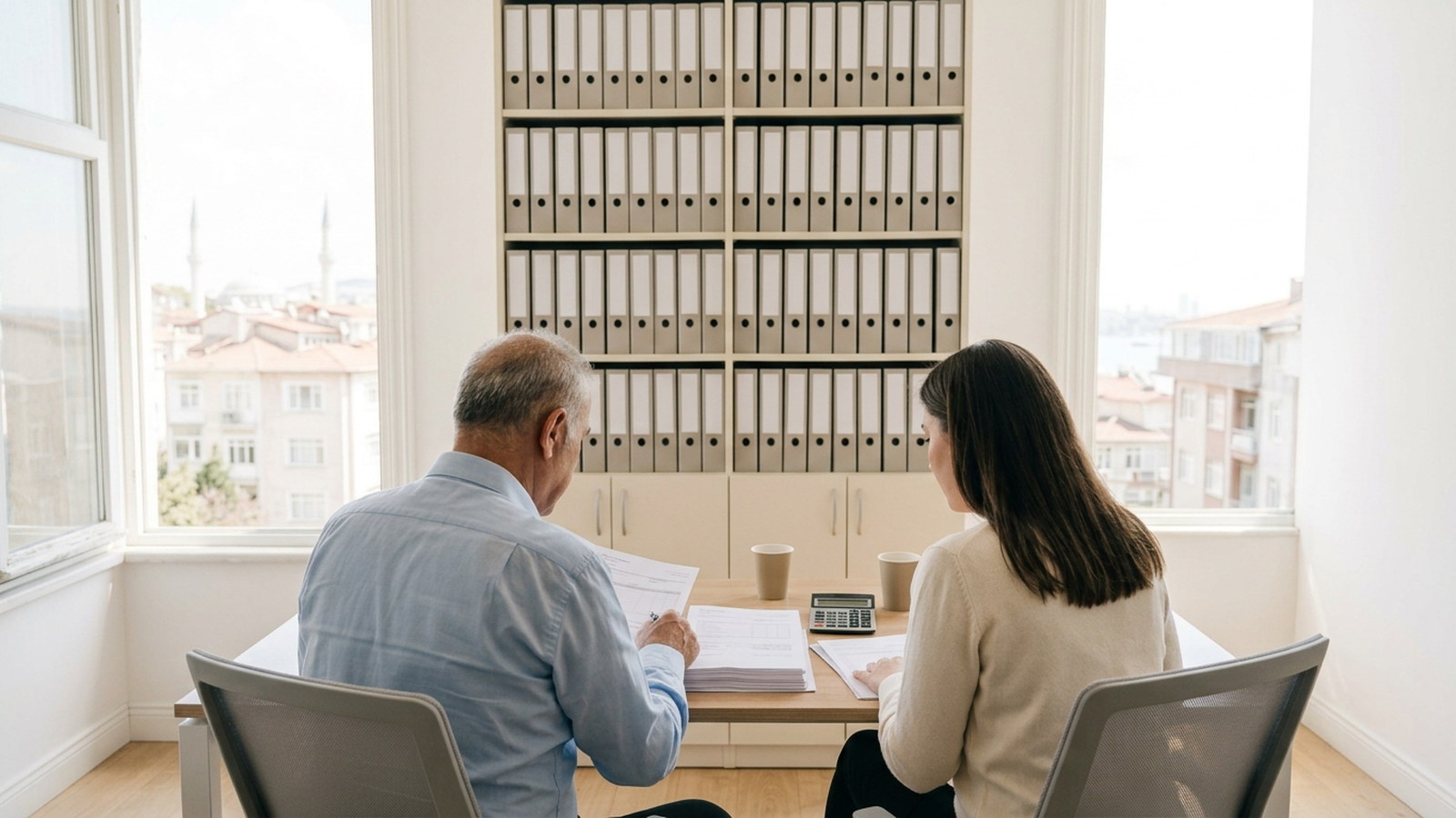Two people at a desk going through printed papers together, a wall of ring binders on shelves behind them and rooftops through the window