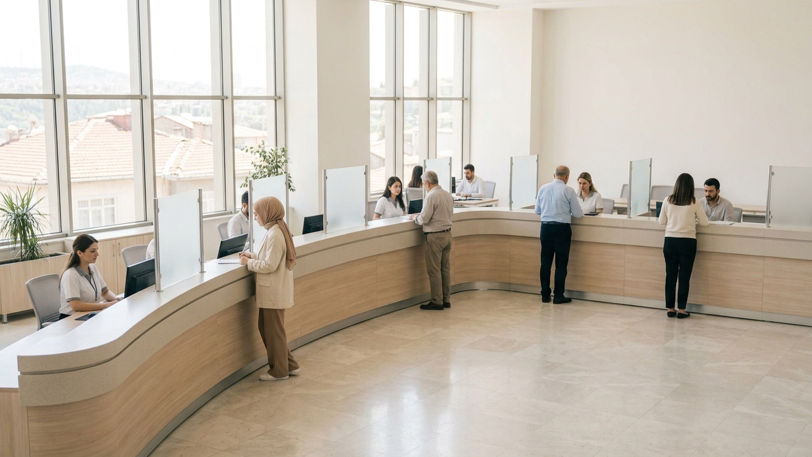 A long curved service counter in a bright hall, staff at several separate positions serving people at the same time with no queue