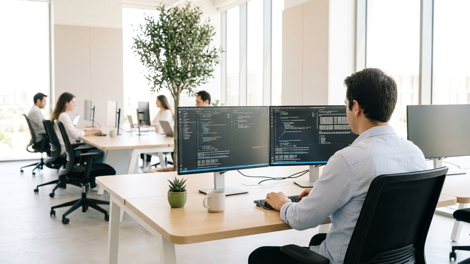 A developer at a dual-monitor desk seen from behind, colleagues working further down a bright office, an olive tree by the windows
