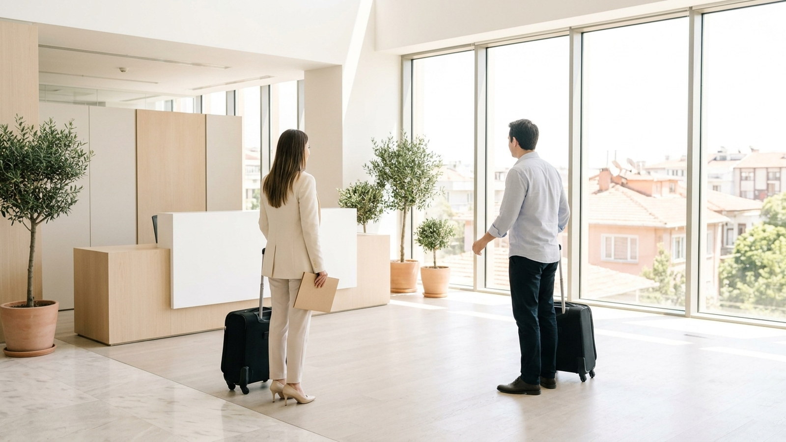 A woman and a man with wheeled cabin cases standing in a bright office reception, one holding a folder, rooftops through tall windows