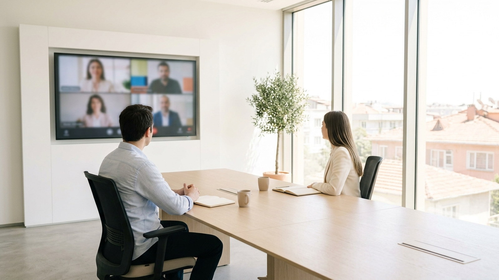 Two people at a long meeting table facing a wall screen carrying a video call with several remote colleagues