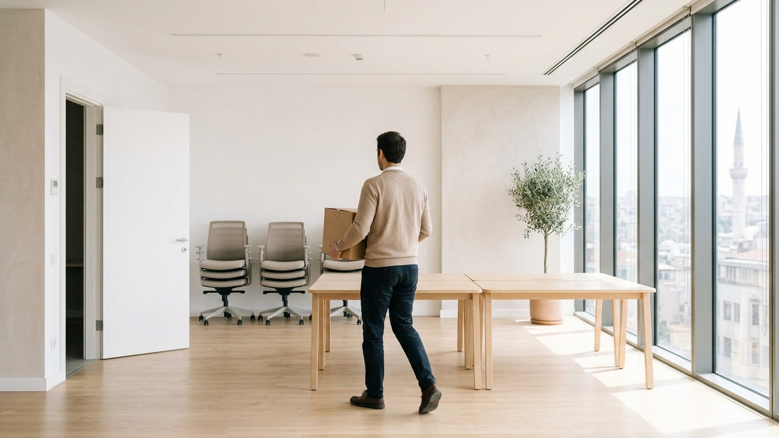 A man carrying a cardboard box across a nearly empty bright office toward an open door, chairs stacked and a bare table behind him