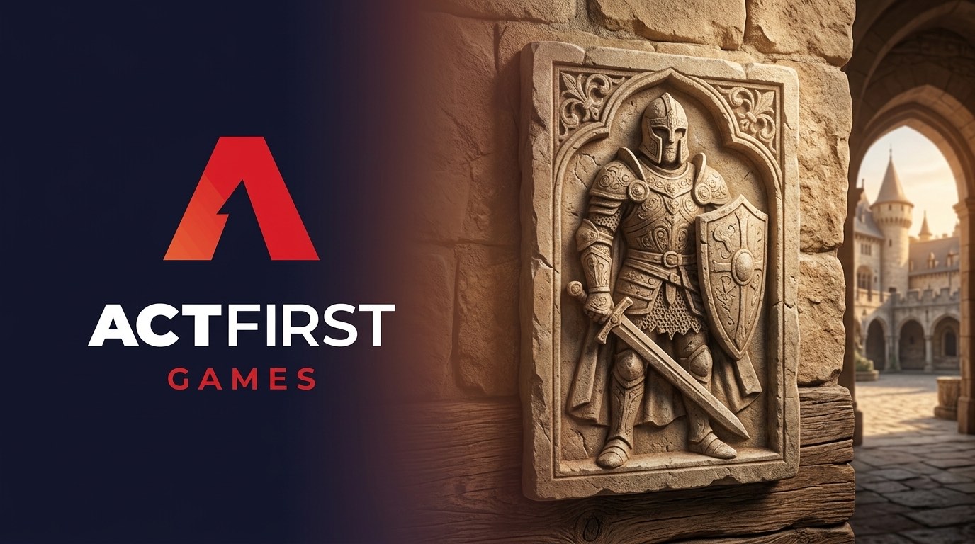 The ActFirst Games logo beside a carved stone relief of an armoured knight on a castle wall
