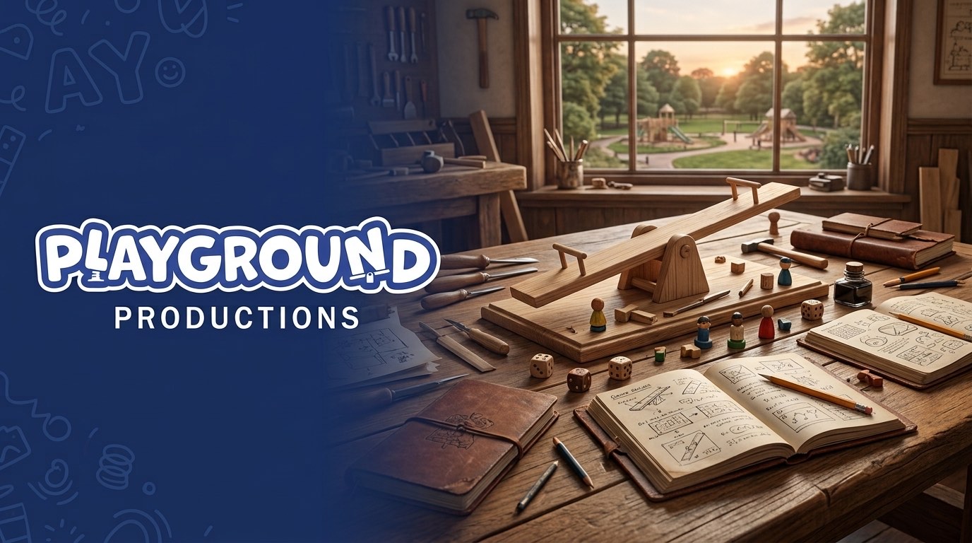 The Playground Productions logo beside a workbench of hand carved wooden toys and game design notebooks