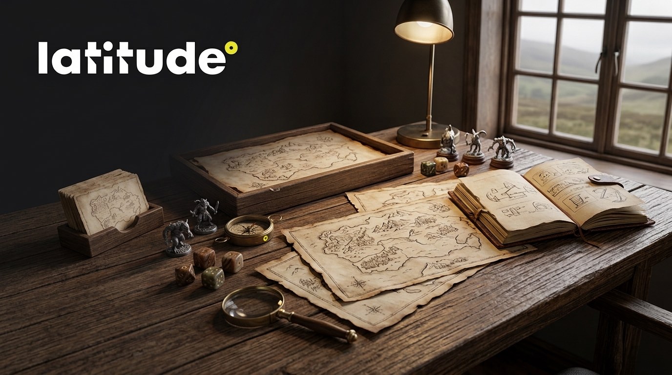The Latitude logo beside a desk of hand drawn fantasy maps, dice and tabletop miniatures